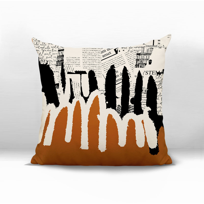 Oreiller carré réversible intérieur / extérieur Kisha, H 15 po x l 15 po, Orange brûlé / noir / blanc cassé abstrait