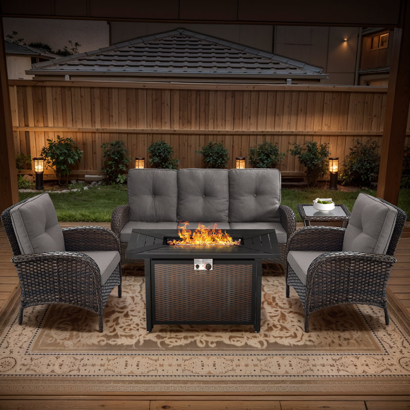 Aluel 5-Pieces Outdoor patio Seating Set Featuring Rectangular Fire Pit Table with Windshield, Gray
