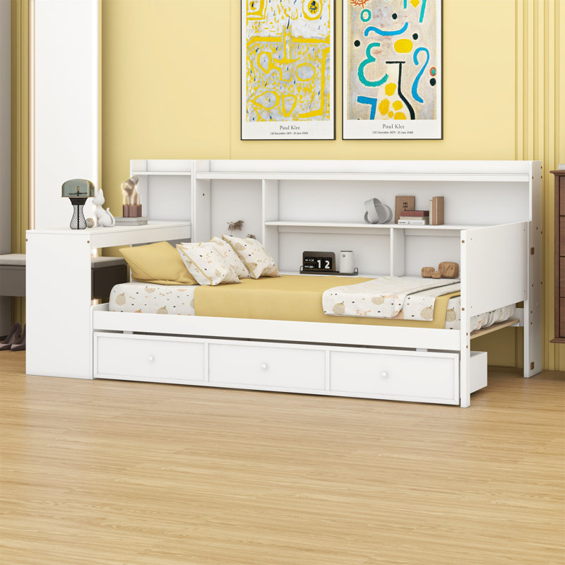 Lit de jour en bois pleine grandeur avec tiroirs, USB et bureau, Blanc