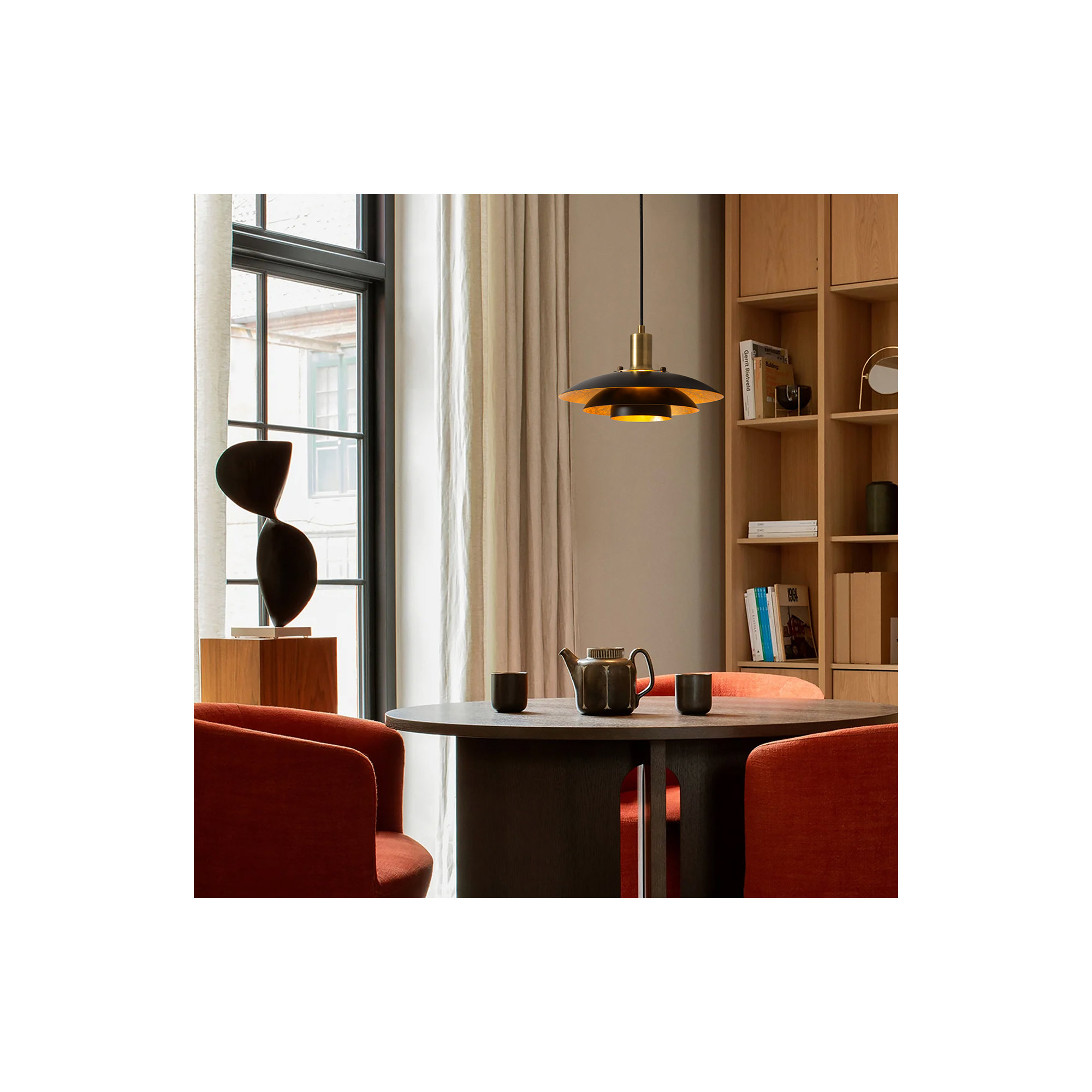 Rancho Mirage Small Pendant Light - Matte Black & Gold-Leaf Shade, Weathered Brass, Small