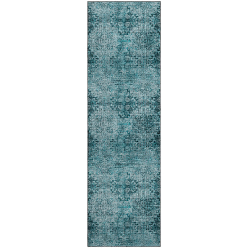 Premium Machine Washable Cerrito AMF557 Teal Rug, Runner 2'3" x 7'6"