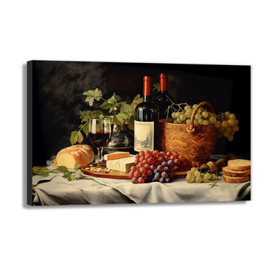 Kitchen Pictures Wall Decor Watercolor Wine Grape Bread Canvas Print Abstract Fruit Food Paintings for Dining Room Farmhouse Retro Home Decorations(Artwork-1,20"x30")