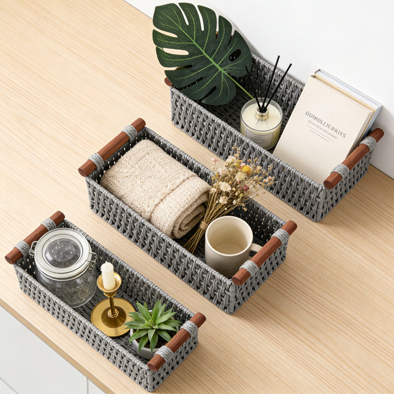 Handmade Woven Paper Rope Storage Baskets Set Of 3, Decorative Wicker Organizer With Wooden Handles For Bathroom, Living Room, And Bedroom