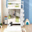 Lit superposé double au-dessus de double avec gigogne simple et escalier, blanc-130589478