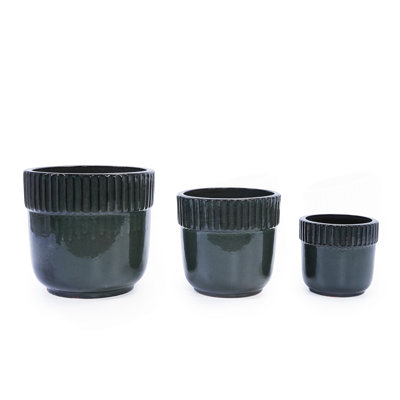 Ensemble de pots de fleurs en céramique fait à la main de 3/15/14/9 pouces de diamètre / motif côtelé noir / pour plantes grasses d'intérieur / extérieur à utiliser sur le rebord de la fenêtre et la bibliothèque / argile respirante