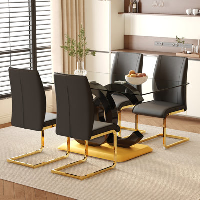 Table And Chair Set.Subtle Luxury Tempered Glass Dining Set - 63"X35.4" With 4 Black PU Material High Resilience Dining Chairs.Arched Metal Gold Leg.Tempered Glass Tabletop, Black MDF OC Shaped Leg.