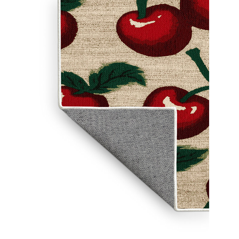  Tapis lavable à motif de cerises et de fruits acérola, Rectangulaire 7 pi x 10 pi