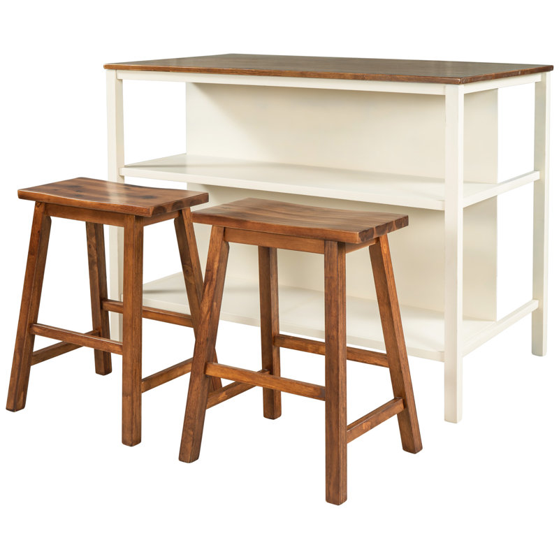 Charming Rustic Solid Wood Kitchen Island Set With Functions, Cream White