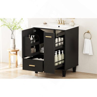 Meuble-lavabo 24 po avec lavabo, armoire de salle de bain avec tablette de porte, tiroir profond, panier coulissant à 2 niveaux, structure en bois massif et panneau de fibres à densité moyenne, un paquet, noir