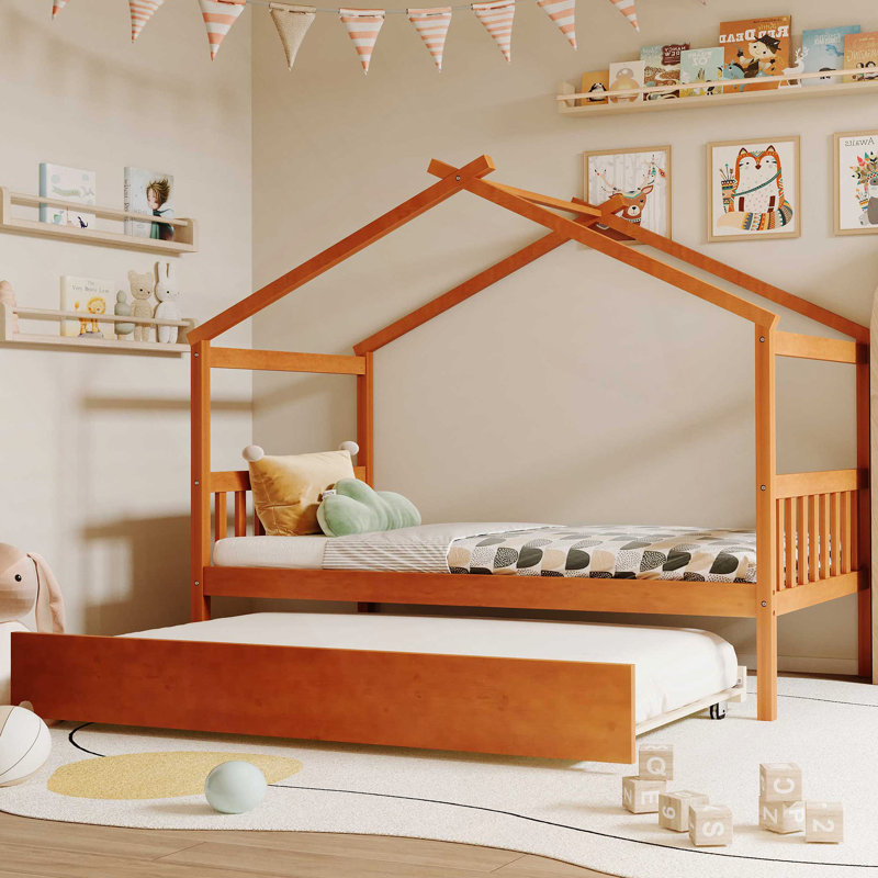 Lit en bois avec lit gigogne simple pour enfants, idéal pour les jeux créatifs et un sommeil confortable, Simple, Noyers