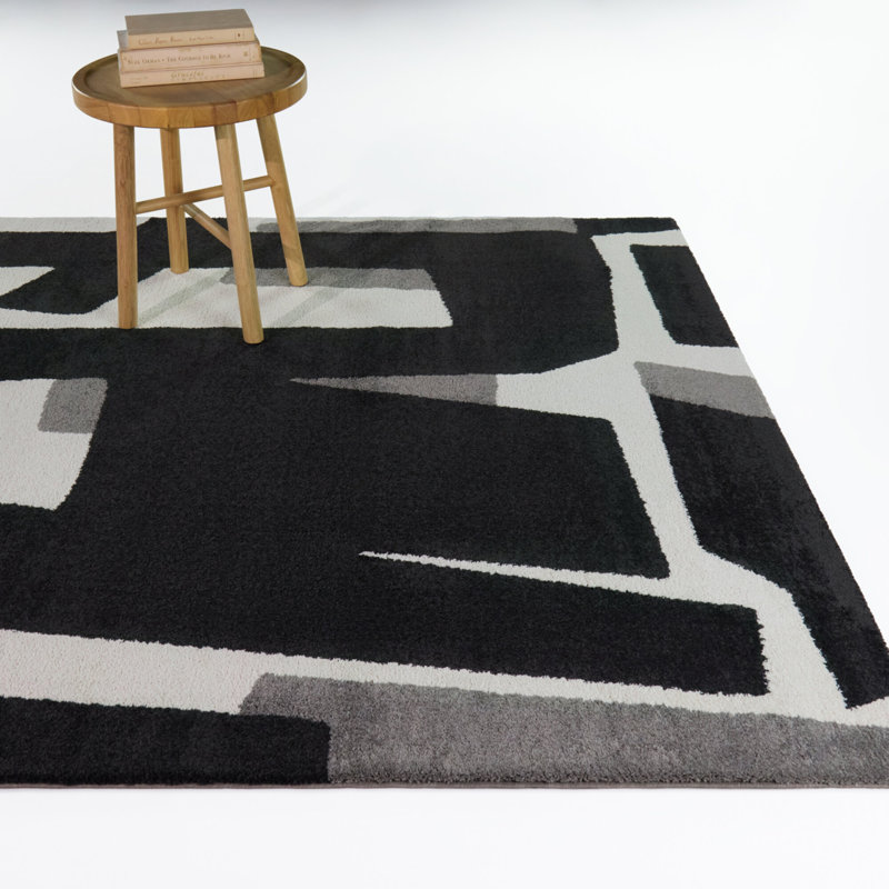 Podesta Grey/Black Abstract Geometric Area Rug, 5'3" x 7'