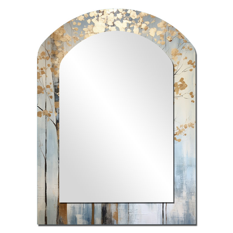 Or et bleu Treasure Trees Scenery II - grand miroir en forme d'arche d'arbre, décor de miroir mural asymétrique traditionnel, art en métal imprimé