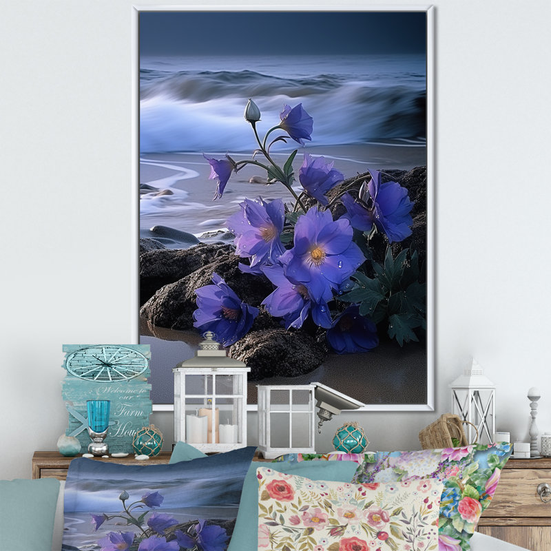 Violets bord de mer sur toile, Cadre photo blanc, H 20 po x l 12 po