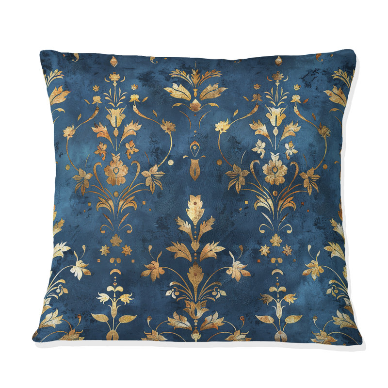 Coussin décoratif damassé Glam, Bleu / doré, H 16 po x l 16 po