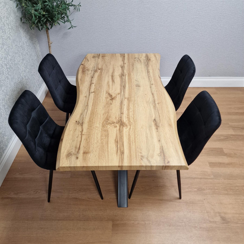 Wooden Brown Dining Table with 4 Black Velvet Chairs, Stylish Dining Room Furniture, Black