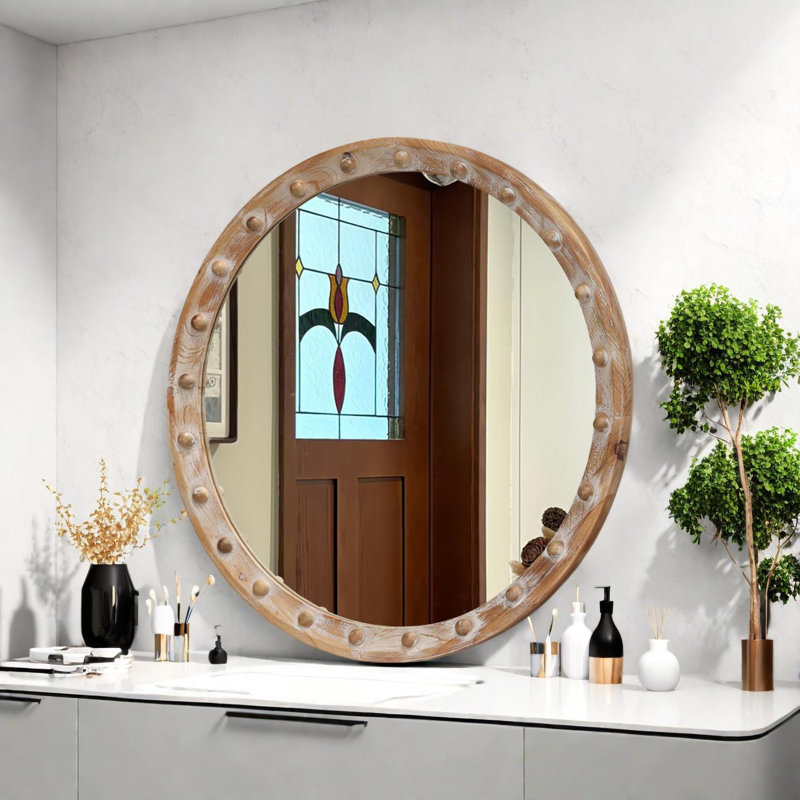 Miroir mural vintage rétro rustique avec cadre en bois vieilli et détail de rivet, 23,62 po