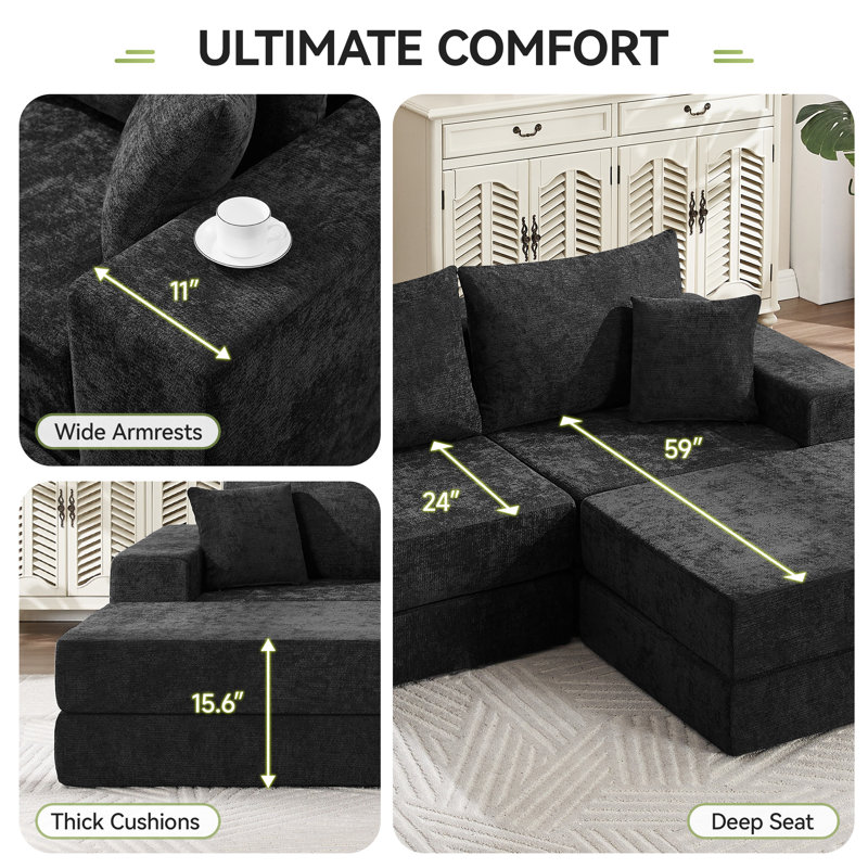 Canapé-lit modulaire compressible reconfigurable Boneless, Chenille noir