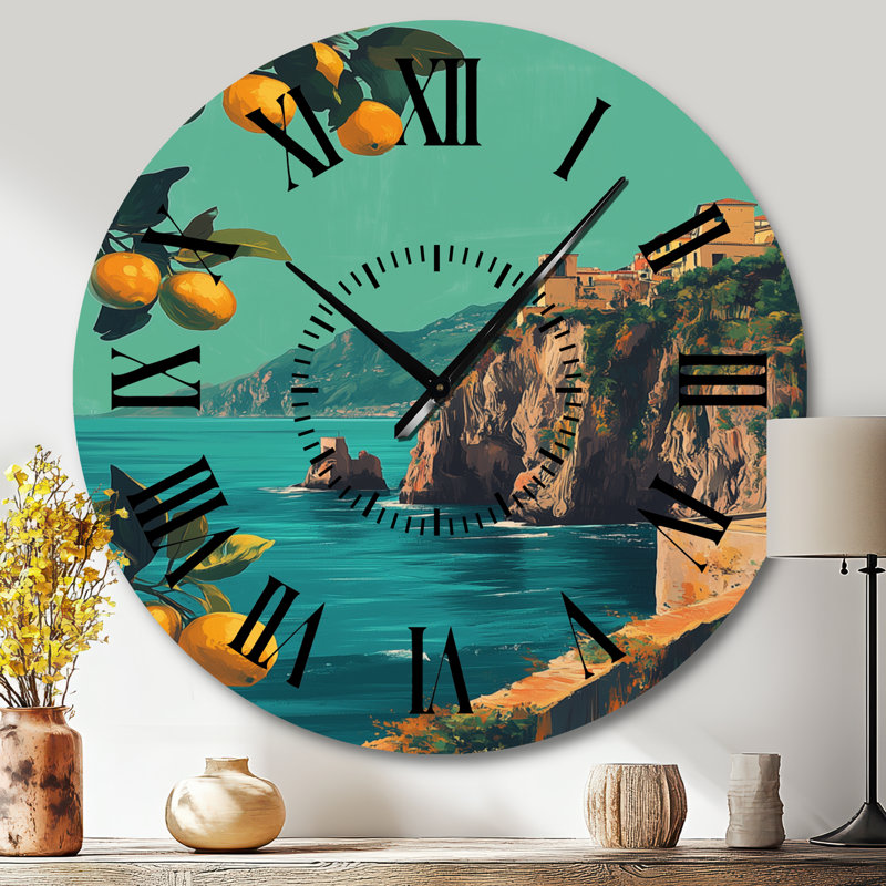 Amalfi sous un soleil vintage - Horloge murale méditerranéenne en métal, imprimée sur métal, Grand