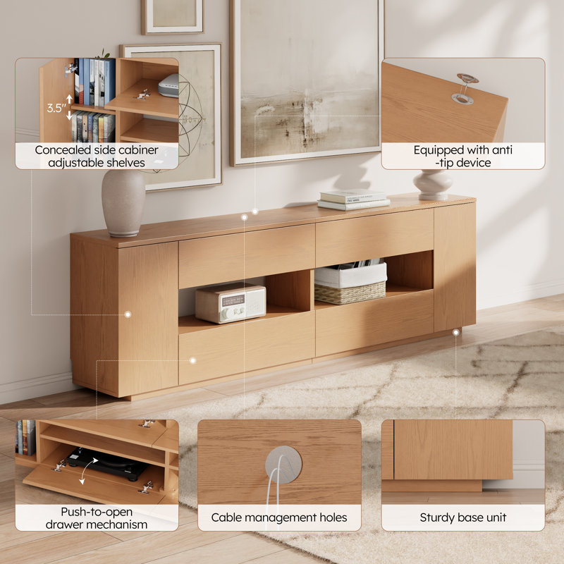  Minimalist Retro Wooden TV Stand with Multi Storage Drawers & Open Cubbies, Tan