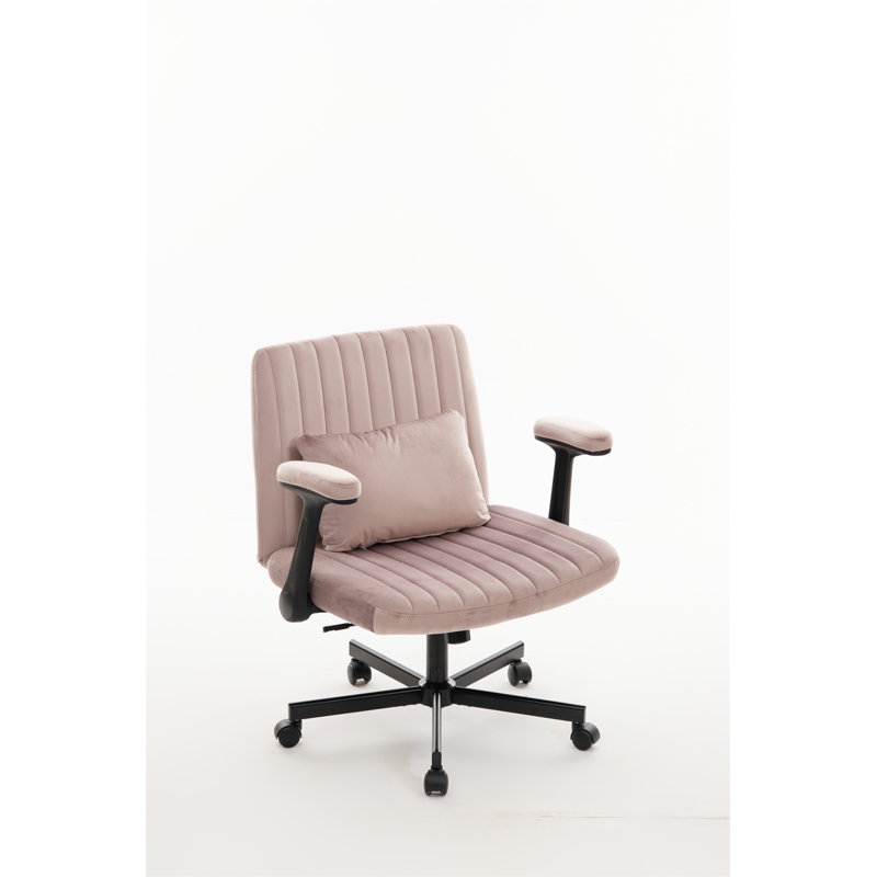 Velvet Criss Cross Armrest Office Chair With Wheels - Comfortable For Home Office, Reading & Vanity, Pink