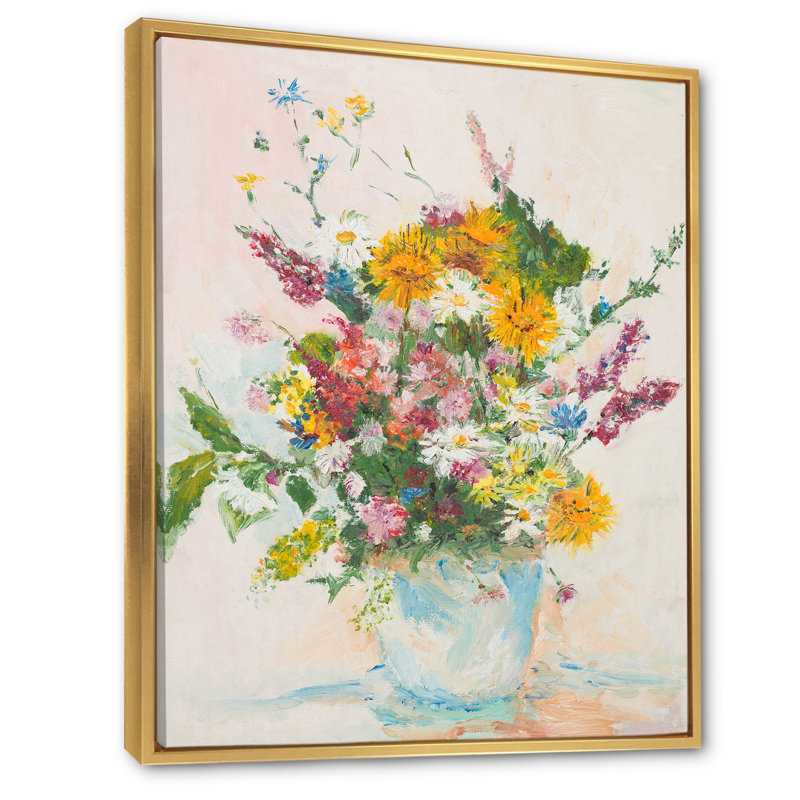 Bouquet Nature morte de fleurs sauvages - Art mural sur toile traditionnel, H 12 po x l 8 po x P 1 po, Cadre flottant doré