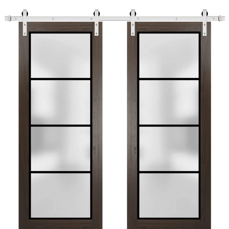 Porte de grange double robuste avec verre dépoli Planum 2132 Frêne Chocolat 4 m (13 pi) avec rails argentés - Portes intérieures modernes à panneaux pleins - 152 cm x 244 cm (60 po x 96 po) (2 x 76 cm x 96 po) - Rails argentés