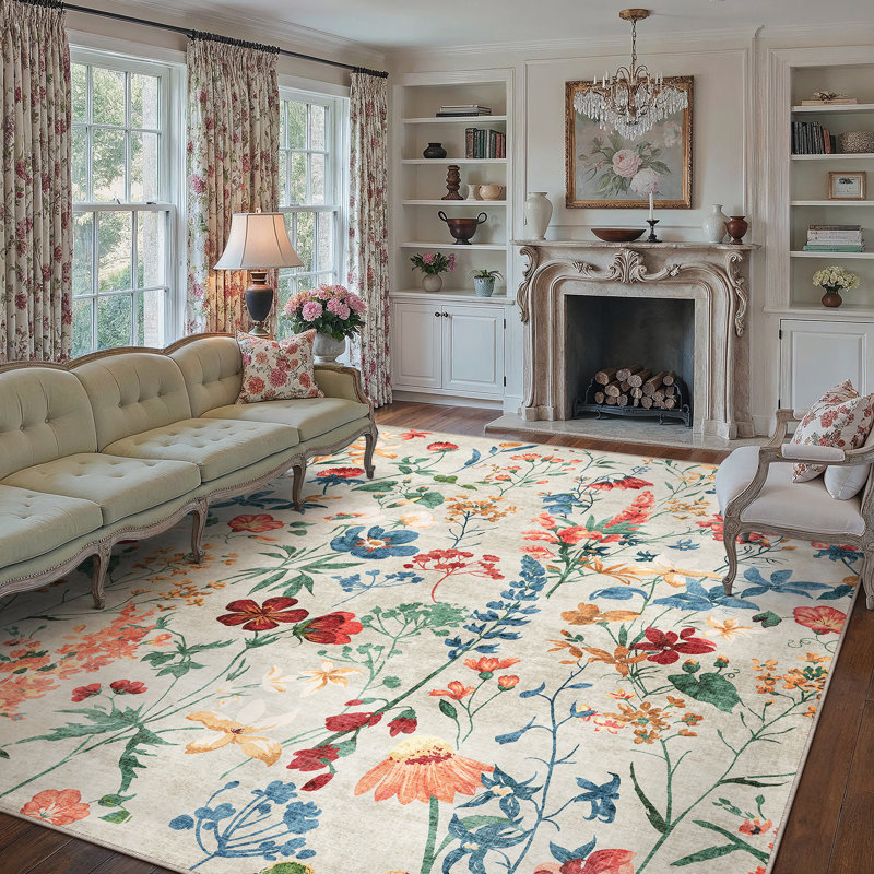 Cherry Machine Washable Floral Area Rug With Non-Slip Backing, Rectangle 9' x 12', Beige