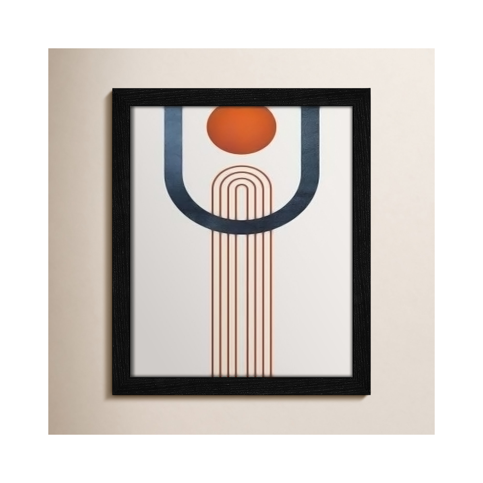 Minimalist Mid Century Orange Navy III By Urban Epiphany - Framed Art Full Bleed, 15" H x 13" W x 0.75" D, Black