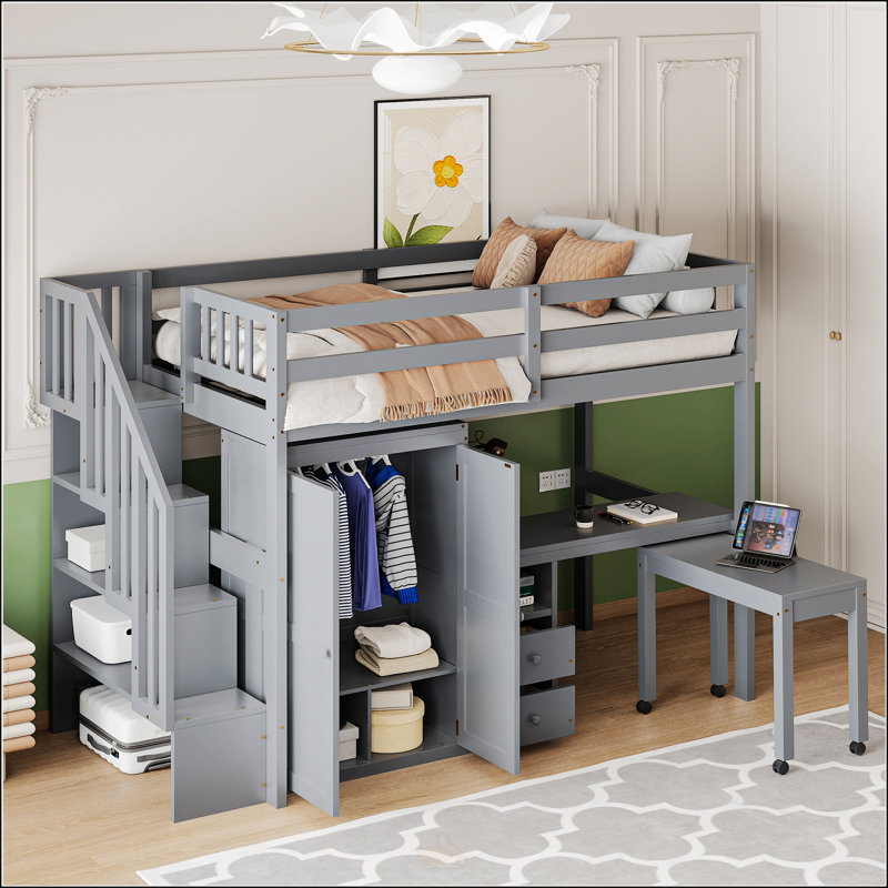 Lit mezzanine simple avec escalier, Gris, Lit simple