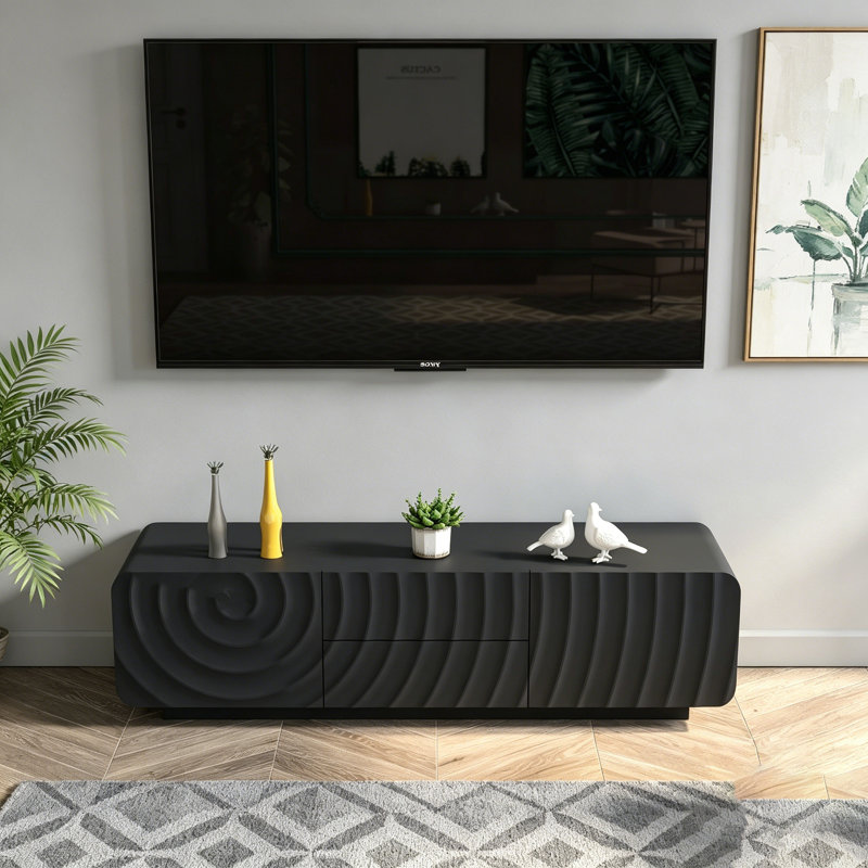 Console de télévision moderne à conception spirale unique avec armoire de rangement et 2 tiroirs, parfaite pour le salon et la chambre à coucher