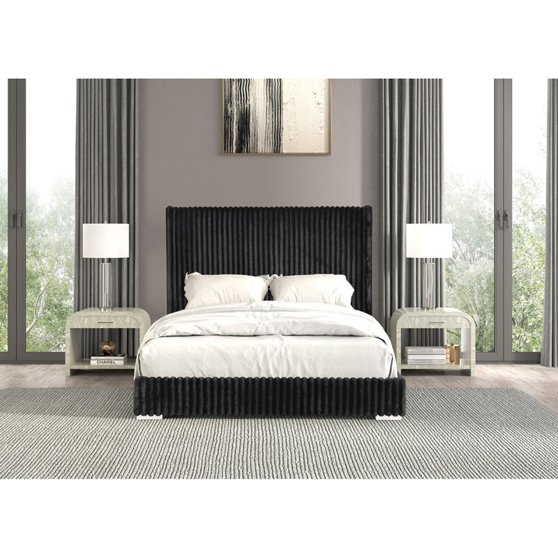 Mobilier de chambre à coucher noir en tissu de chenille 1 po