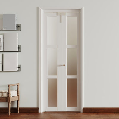 Bifold Door 3 Lite Frosted Glass MDF Folding Door White Textured Finish Closet Pantry Door with Hardware Handle & Lock Interior Space Saving Door