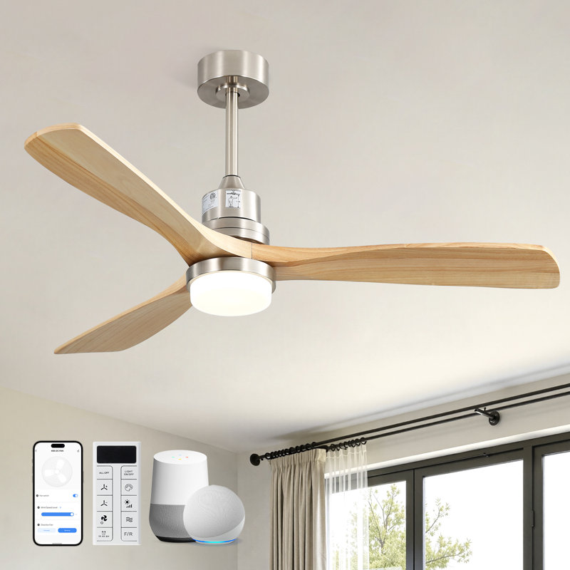 52" Solid Wood Blade Smart Ceiling Fan With Light, Remote, Supports Amazon Alexa And App Control