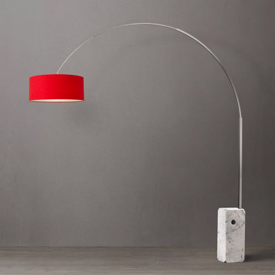 Iconic 95" Mid-Century Modern Arc Lamp - Satin Nickel Steel, White Marble Base, Crimson Red Linen Shade, Dimmable, Smart Home Compatible