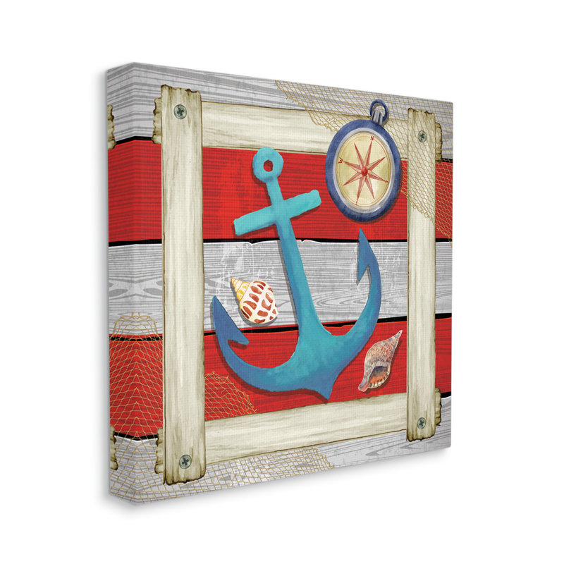 «Marine Anchor Compass Stripes» par ND Art - impression sur toile tendue, H 17 po x l 17 po x P 1,5 po