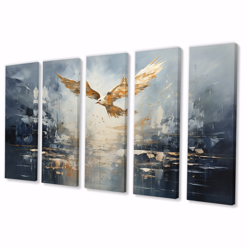 Décoration murale 5 pièces, oiseau doré en vol au-dessus de l'océan I, H 28 po x l 60 po