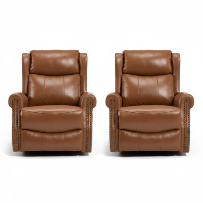 34.8"W Genuine Leather Manual Swivel Rocker Recliner Vintage Recliner With Heated Massage（Set Of 2）