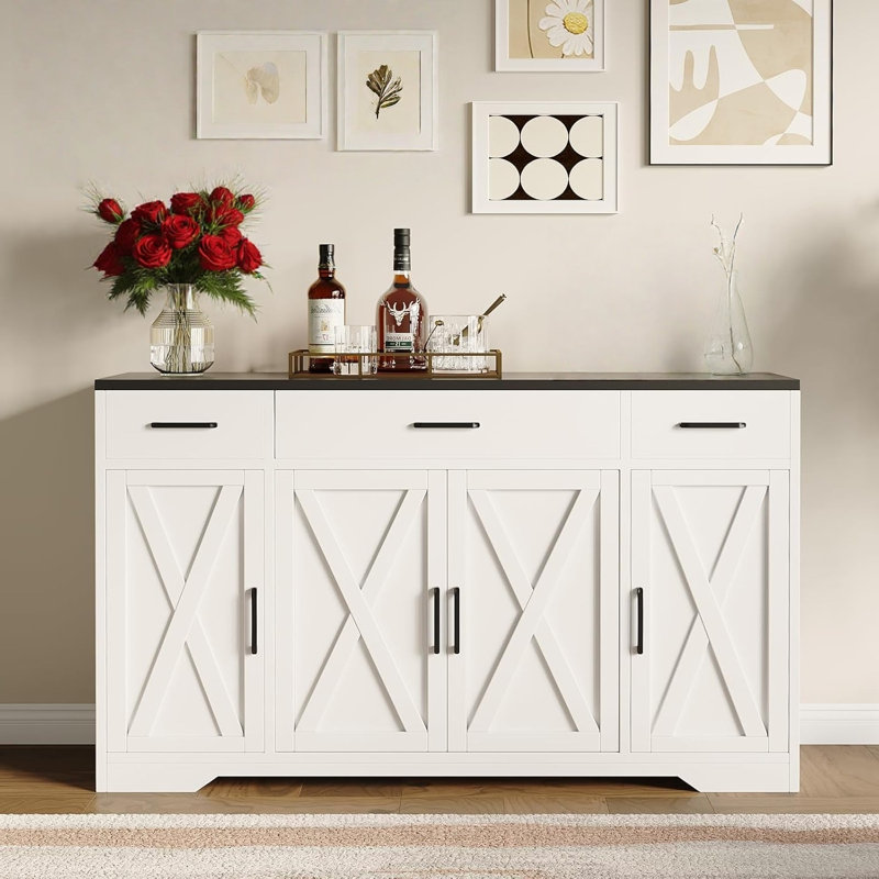 Buffet de cuisine avec buffet à 3 tiroirs et armoire de cuisine moderne en bois de style campagnard, Noir / blanc