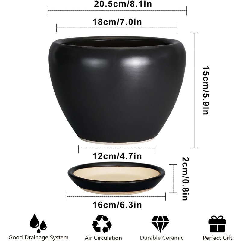 Pot à fleurs 8 "en céramique avec trou de drainage et soucoupe noir