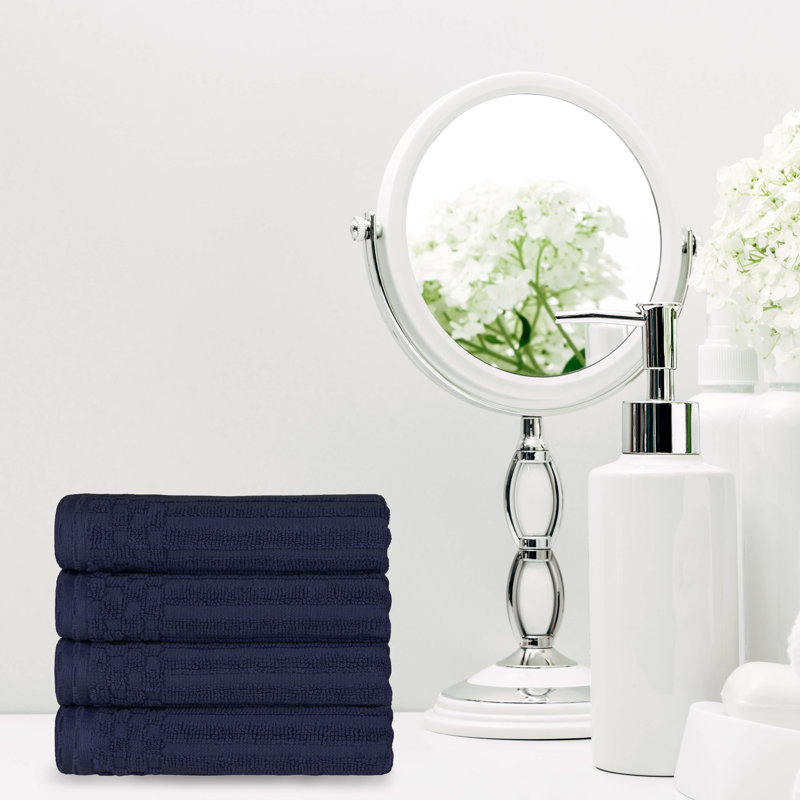 Kleiman Cotton Highly Absorbent Solid and Checkered Border Hand Towel Set, Navy Blue