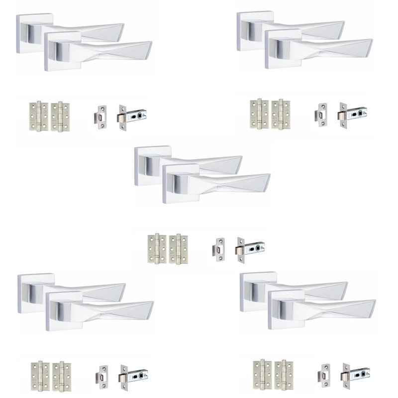 5 Pairs Modern Aura Design Premium Door Handles on Square Rose in Matt Black Finish with 3" Ball Bearing Hinges and 2.5" Tubular Latch