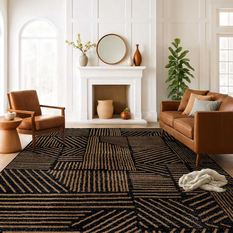 Rambo Geometric Black/Ivory Area Rug, Rectangle 5' x 7', Camel