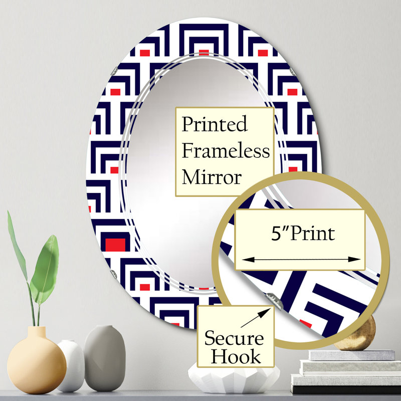 Carrés géométriques bleus et rouges - Miroir mural à motif ovale, 30 po x 20 po