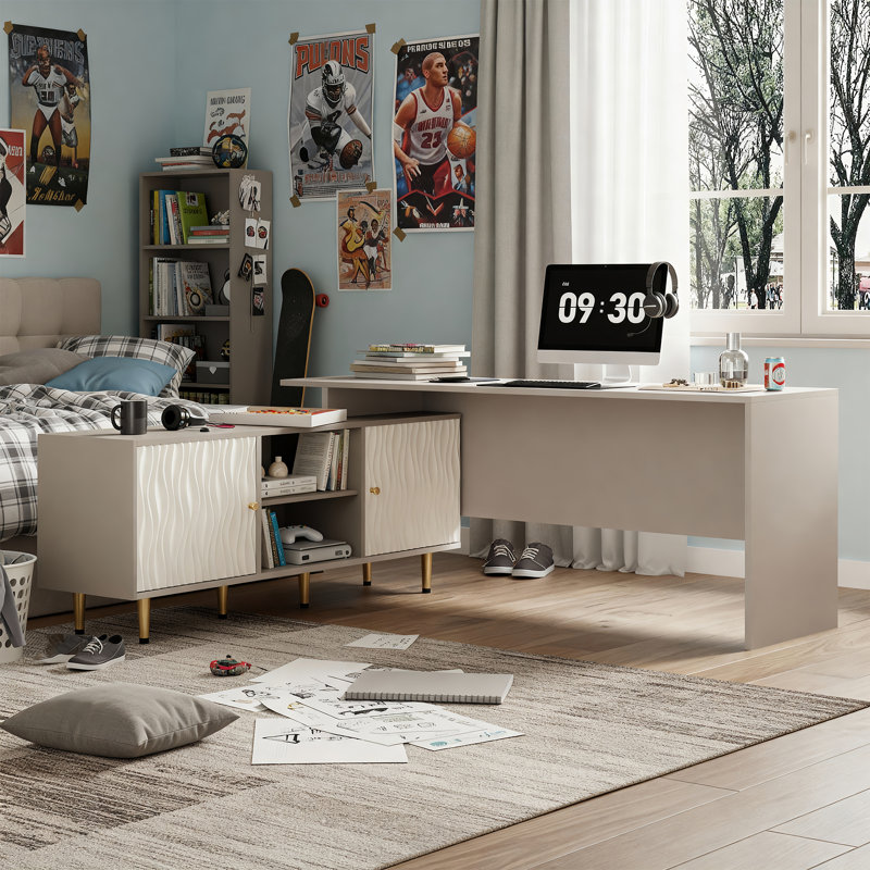 Table de coiffeuse extensible avec armoire de rangement, extensible jusqu'à 103 pouces, bureau de meuble-lavabo en forme de L