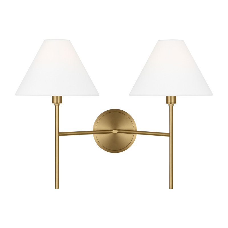 Chapman & Myers Ridgewood Bathroom Bedroom Wall Fixture With White Linen Shade, 14.25" H x 19" W x 9.375" D, Burnished Brass