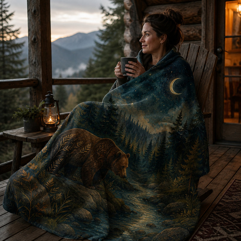 Couverture en flanelle Crescent Moon Bear avec motif Forest Creek et Starnight Night, bleu sarcelle foncé, idéale pour canapé, lit, chalet, coin lecture ou espace détente, 152 x 203 cm