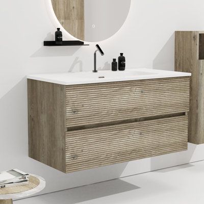 Meuble-lavabo suspendu de 91 cm (36 po) en chêne brut, lavabo en céramique, tiroirs à fermeture douce, style épuré, 20 % de rangement en plus grâce à la finition chêne, lavabo à trop-plein, poignées minimalistes, panneaux de qualité E1