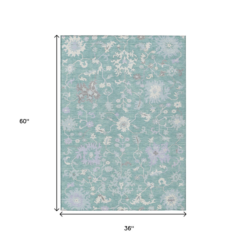 3' X 5' Pale Aqua Ivory And Gray Floral Washable Indoor Outdoor Area Rug