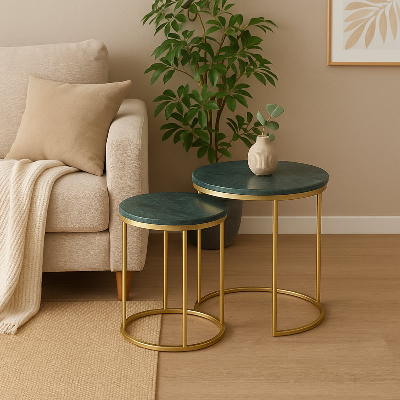 Tables gigognes | Table basse gigogne en marbre vert avec structure en métal | Ensemble de 2 , Vert, Gold