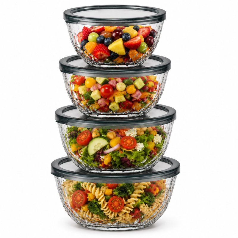 Ensemble de bols en verre 4 pièces Sorbus avec couvercles en plastique hermétiques - Bols de mélange et de rangement emboîtables, sans BPA, allant au micro-ondes, au lave-vaisselle et au congélateur, motif de surface en losange